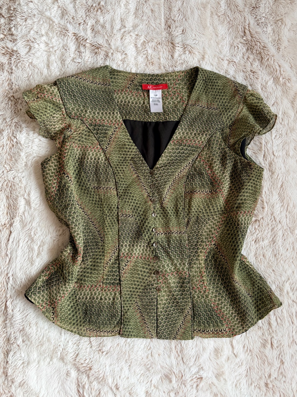 🧚🏼 Vintage Y2K Anne Klein 100% Silk Green Blouse Top Fairycore Whimsygoth Office